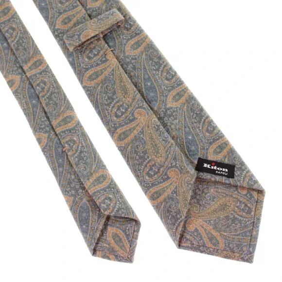 Kiton NWOT Wool/Silk Blend Neck Tie in Gray/Blue/Green/Beige/Mustard Paisley